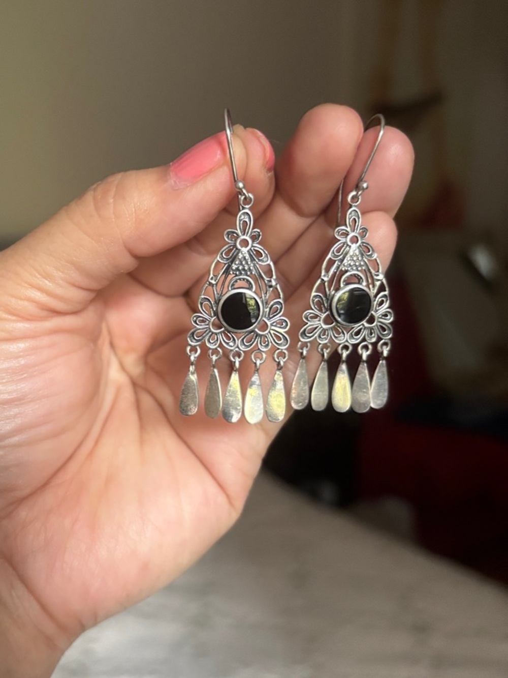 Sterling-Style Silver Floral Dangle Earrings with Black Accent